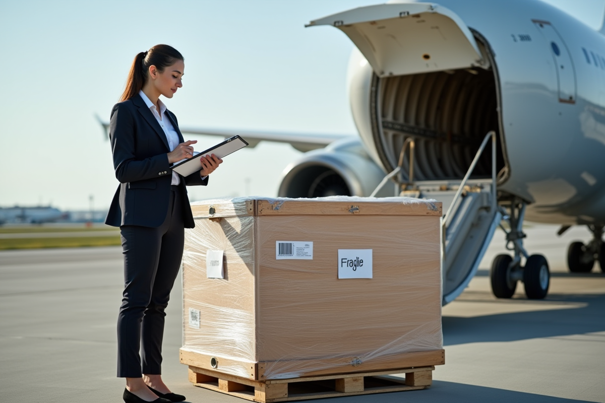 Agent inspectant une caisse fragile sur le tarmac