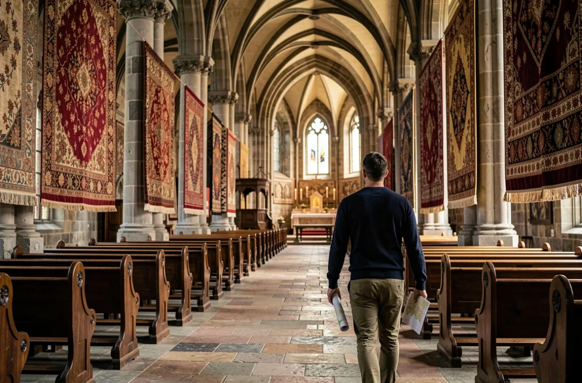 Intérieur de l'Église Noire de Brașov avec tapis anatoliens accrochés aux murs en pierre gothique