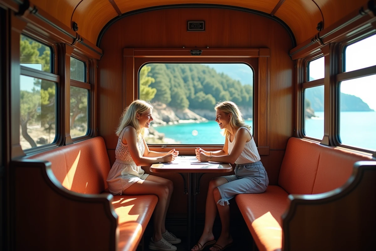 Intérieur authentique d'une micheline corse avec touristes consultant une carte devant un paysage de forêt de pins et de mer