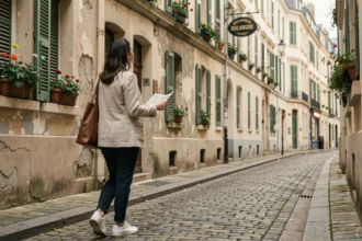 Femme explorant une ruelle pavée et calme de Paris hors des sentiers battus, loin de la foule touristique