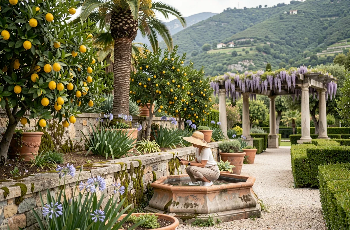 Jardin en terrasses avec citronniers palmiers et fontaine à Menton sur la Côte d'Azur