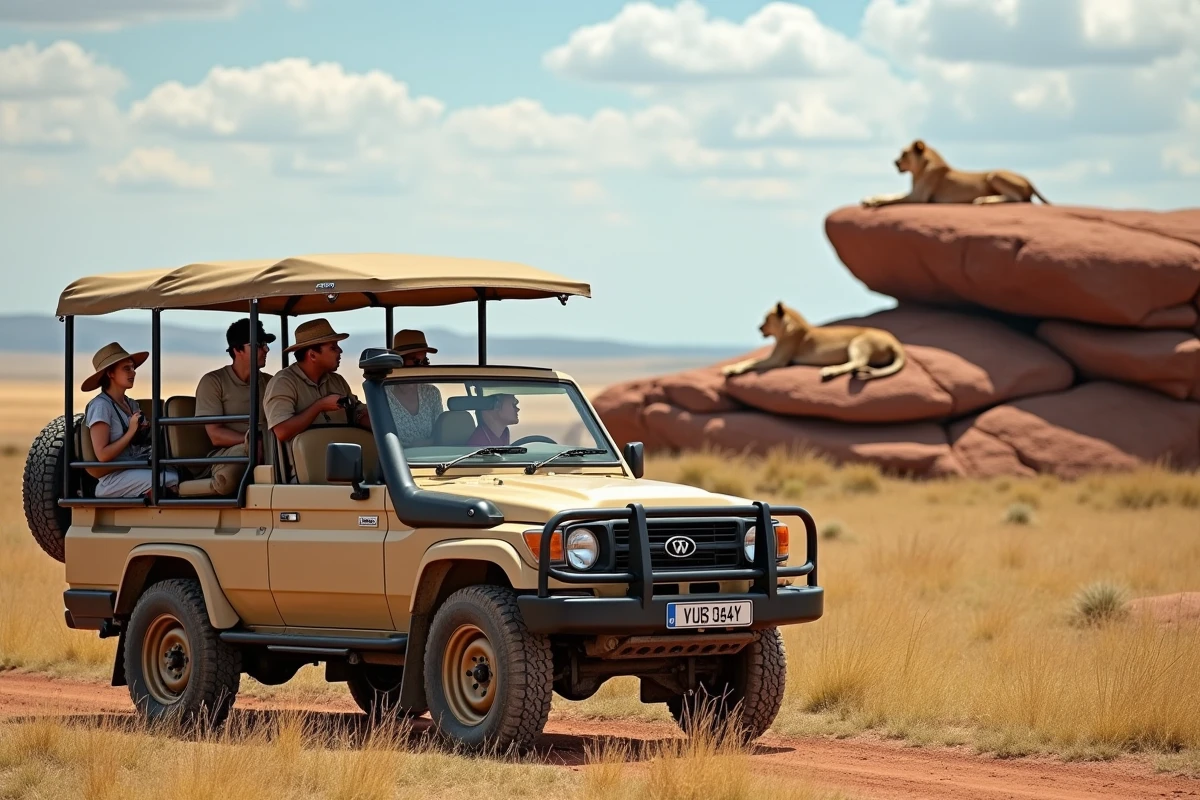 Touristes en jeep de safari observant des lions sur des rochers dans le parc du Serengeti