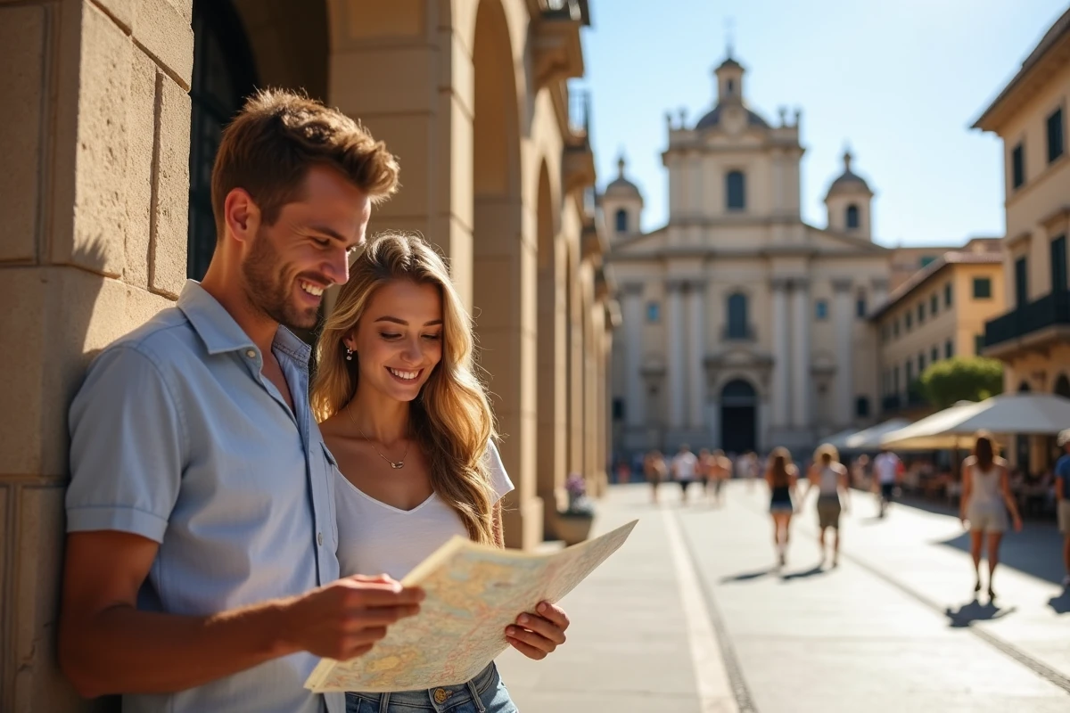 Jeune couple regardant une carte dans la piazza Bellini à Palerme