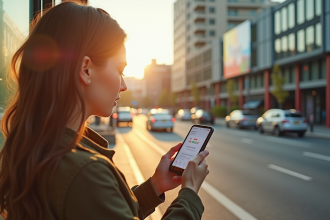 Jeune femme utilisant une application de covoiturage au bus stop