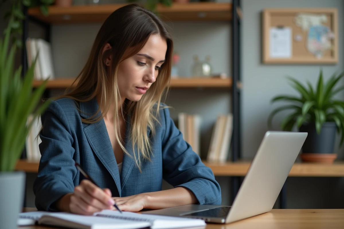 Jeune femme en blazer regarde son ordinateur dans un espace coworking