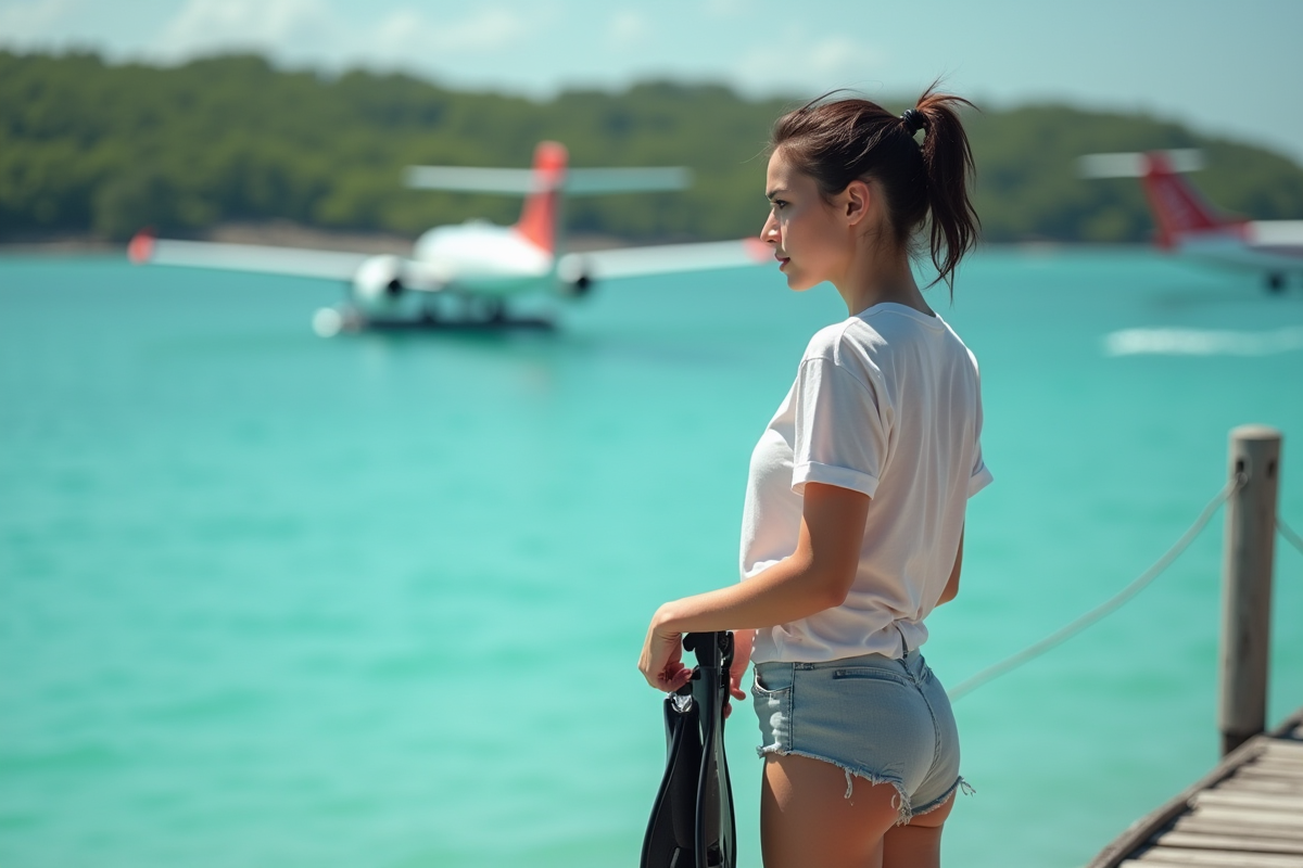 Jeune femme ajustant ses palmes sur un pont en bois près de l'eau turquoise