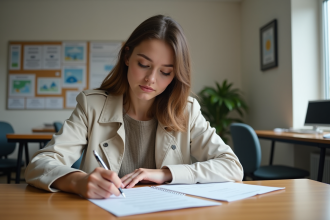 Jeune femme remplissant un formulaire de passeport dans un bureau