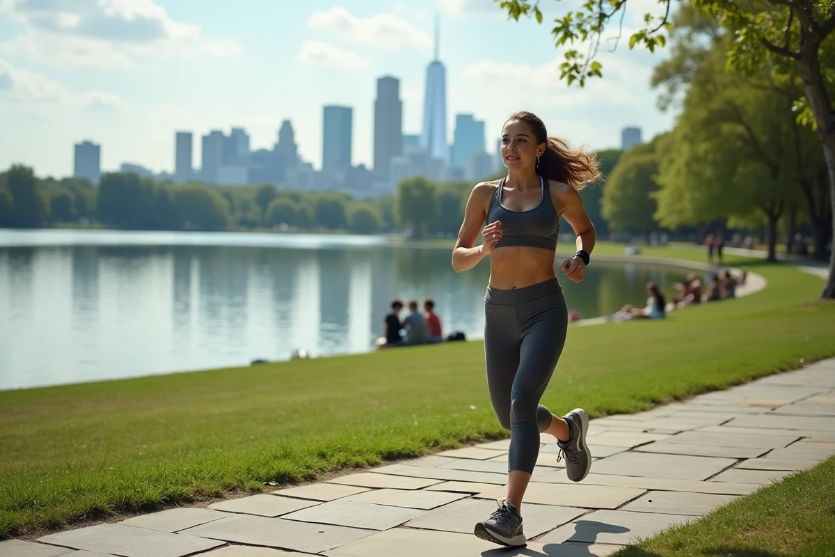 Jeune femme courant au bord du lac dans Corona Park