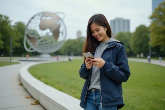 Jeune femme souriante près de l'Unisphere à Flushing Meadows