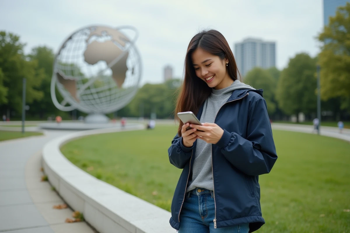 Jeune femme souriante près de l'Unisphere à Flushing Meadows