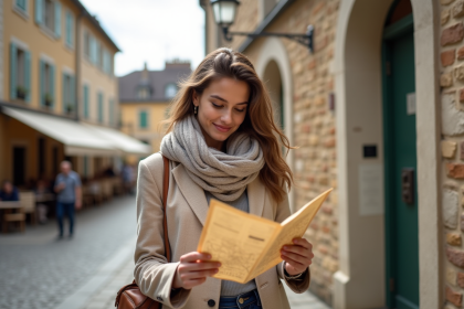 Jeune femme souriante avec carte dans un village français