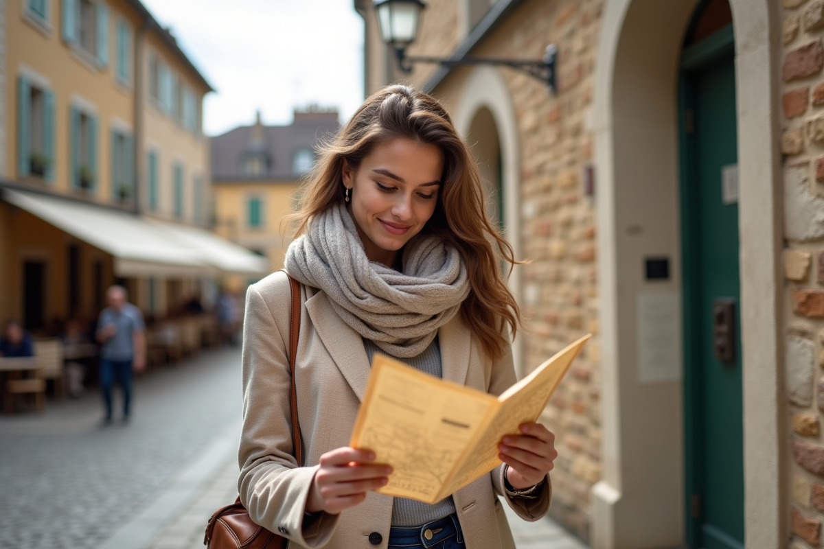 Jeune femme souriante avec carte dans un village français