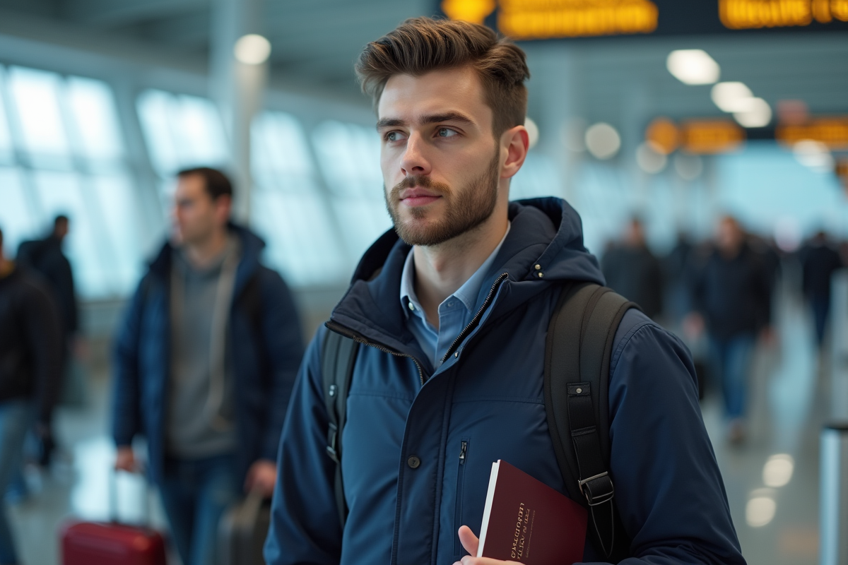 Jeune homme à l'aéroport tenant son passeport