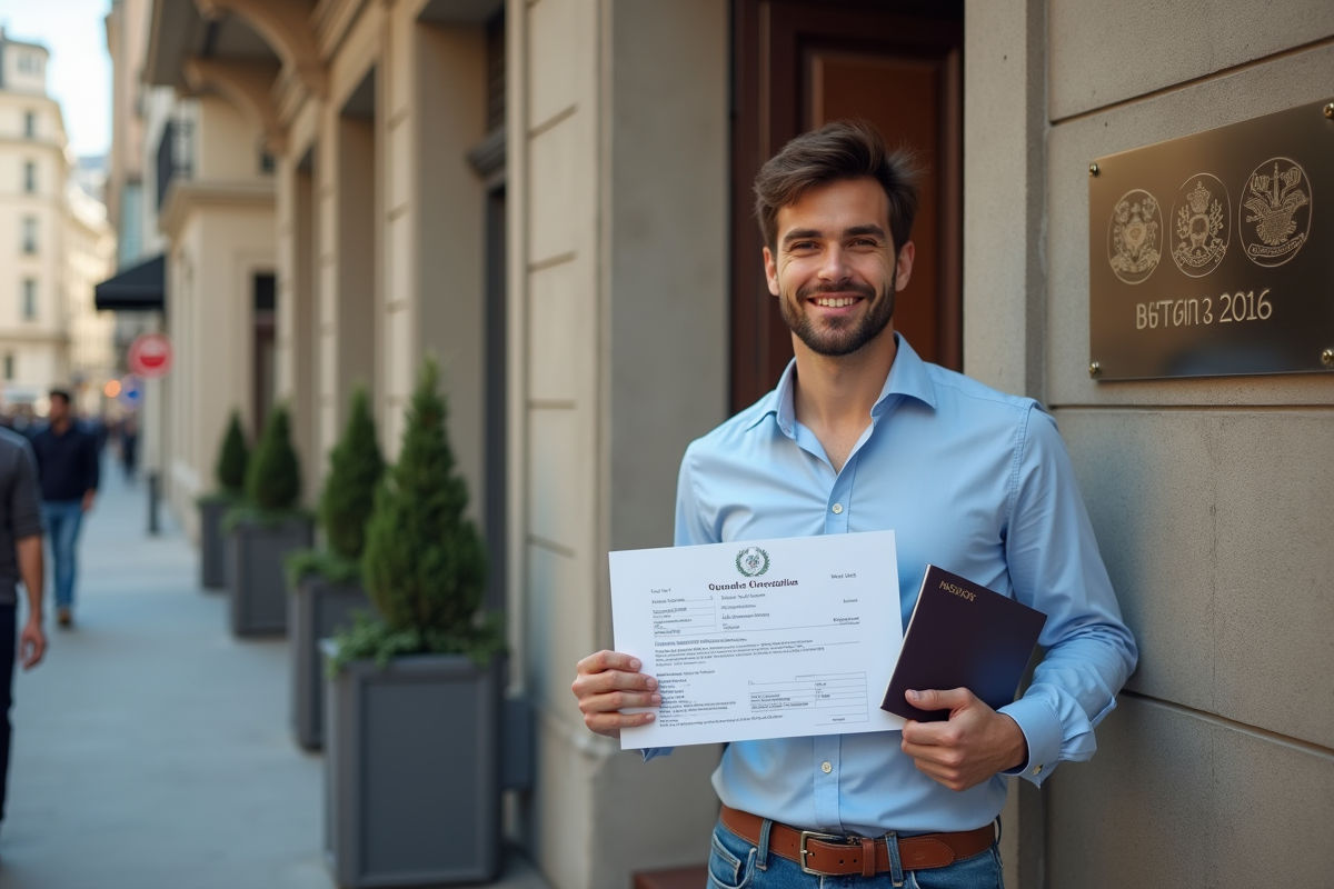 Jeune homme avec certificat et passeport devant le consulat