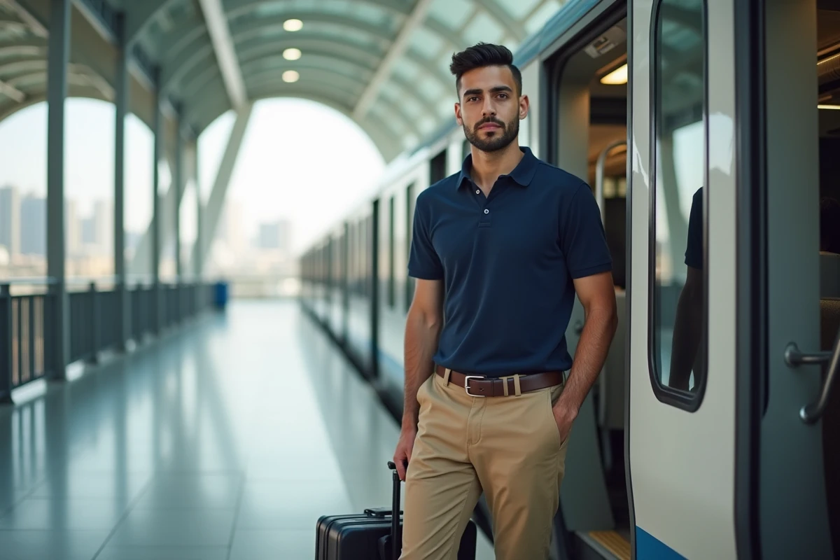 Jeune homme moyen-orient debout près du metro de Dubai