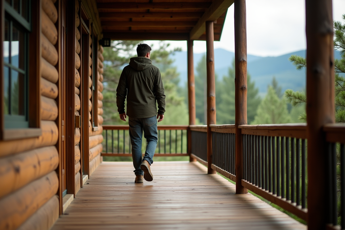 Jeune homme en extérieur devant un lodge en forêt