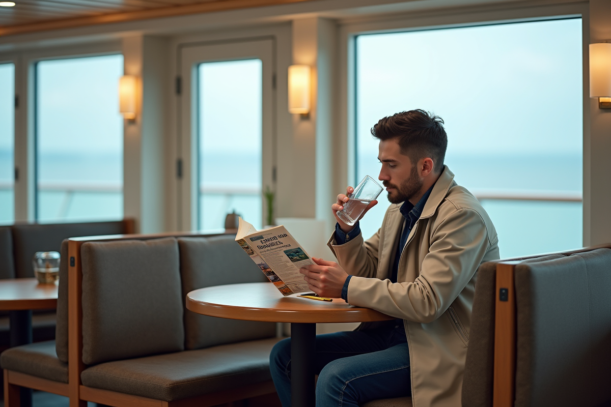 Jeune homme lisant un guide de voyage dans un lounge de croisière