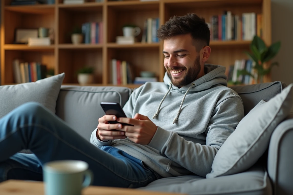 Jeune homme envoyant un SMS informel depuis son canapé dans un appartement chaleureux