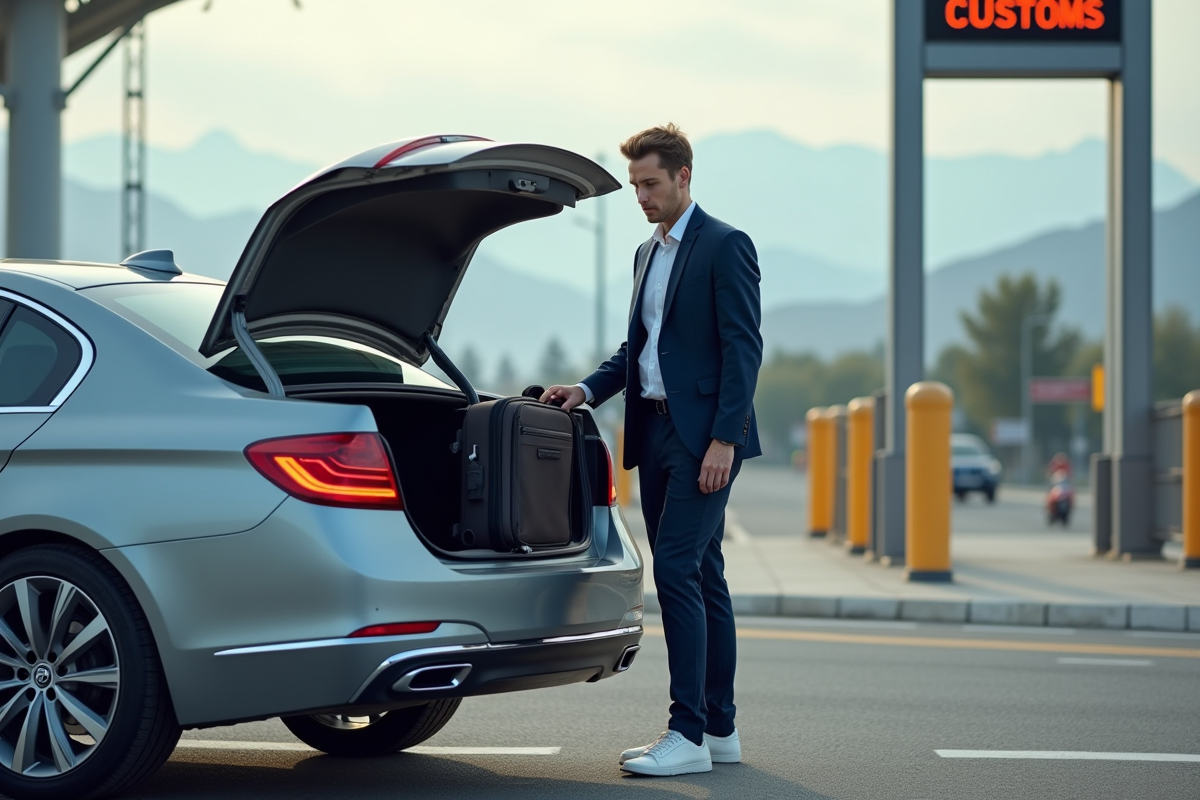 Jeune homme chargeant sa voiture au poste de douane