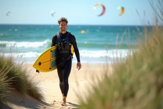 Jeune homme en wetsuit avec kiteboard sur la plage de Leucate