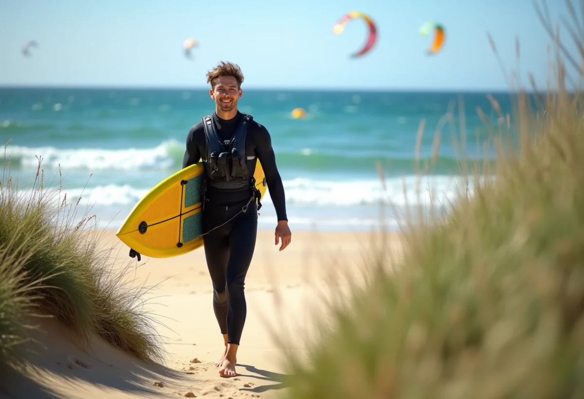 Jeune homme en wetsuit avec kiteboard sur la plage de Leucate