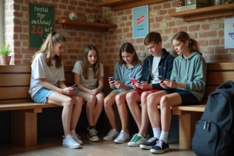 Groupe d'ados sur un banc dans un salon convivial
