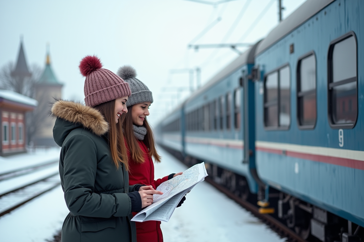 Deux jeunes femmes planifiant leur voyage sur le quai enneige