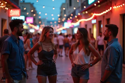 Groupe de jeunes adultes discutant devant un club à Paceville