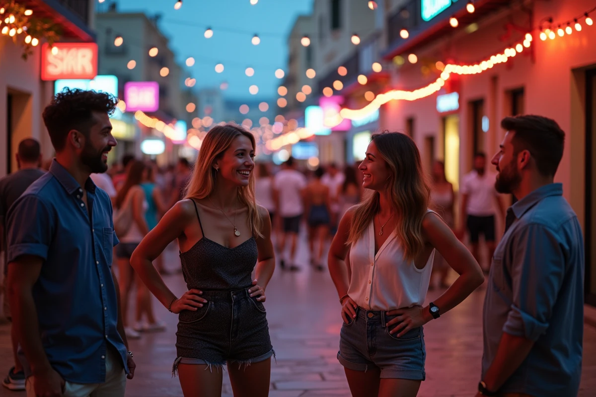 Groupe de jeunes adultes discutant devant un club à Paceville