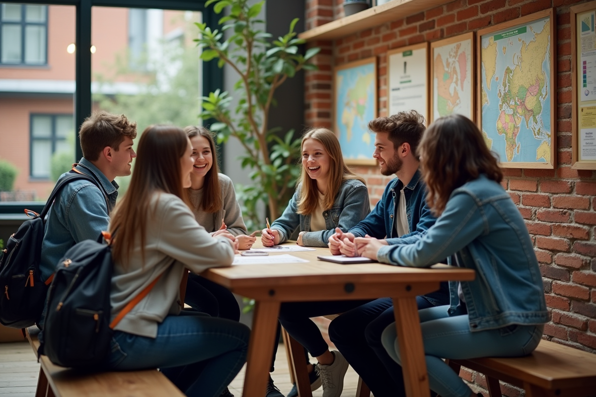 Groupe de jeunes adultes discutant dans un hostel moderne
