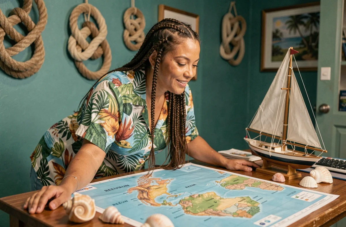 Conseillère de La Route des Îles penchée sur des cartes d'îles tropicales dans une agence à décoration maritime avec un bateau miniature sur le bureau