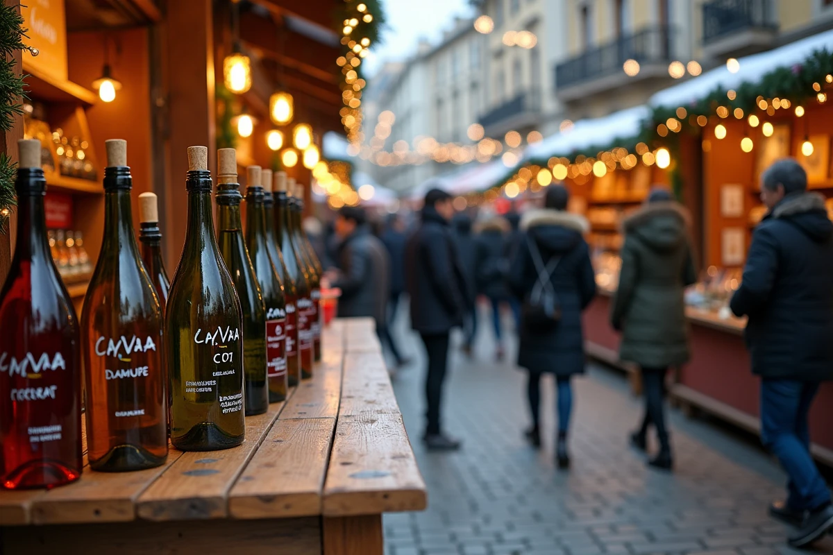 Étal de marché de Noël espagnol proposant des bouteilles de cava et de vin local avec des étiquettes de prix en euros