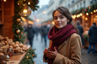 Femme en manteau camel visitant un marché de Noël parisien en hiver avec décorations en bois et vin chaud