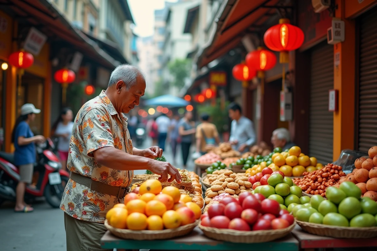 Marché animé de Petaling Street dans le Chinatown de Kuala Lumpur avec vendeur et étals de fruits tropicaux