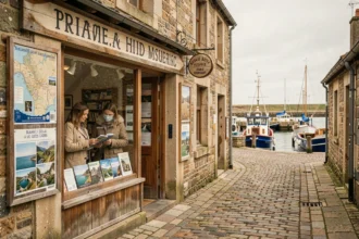 Devanture d'une agence de voyages dans une ville côtière bretonne avec des affiches de destinations et des brochures en vitrine