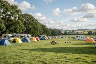 Vue panoramique d'un camping en Ille-et-Vilaine avec tentes colorées, camping-cars et nature bretonne