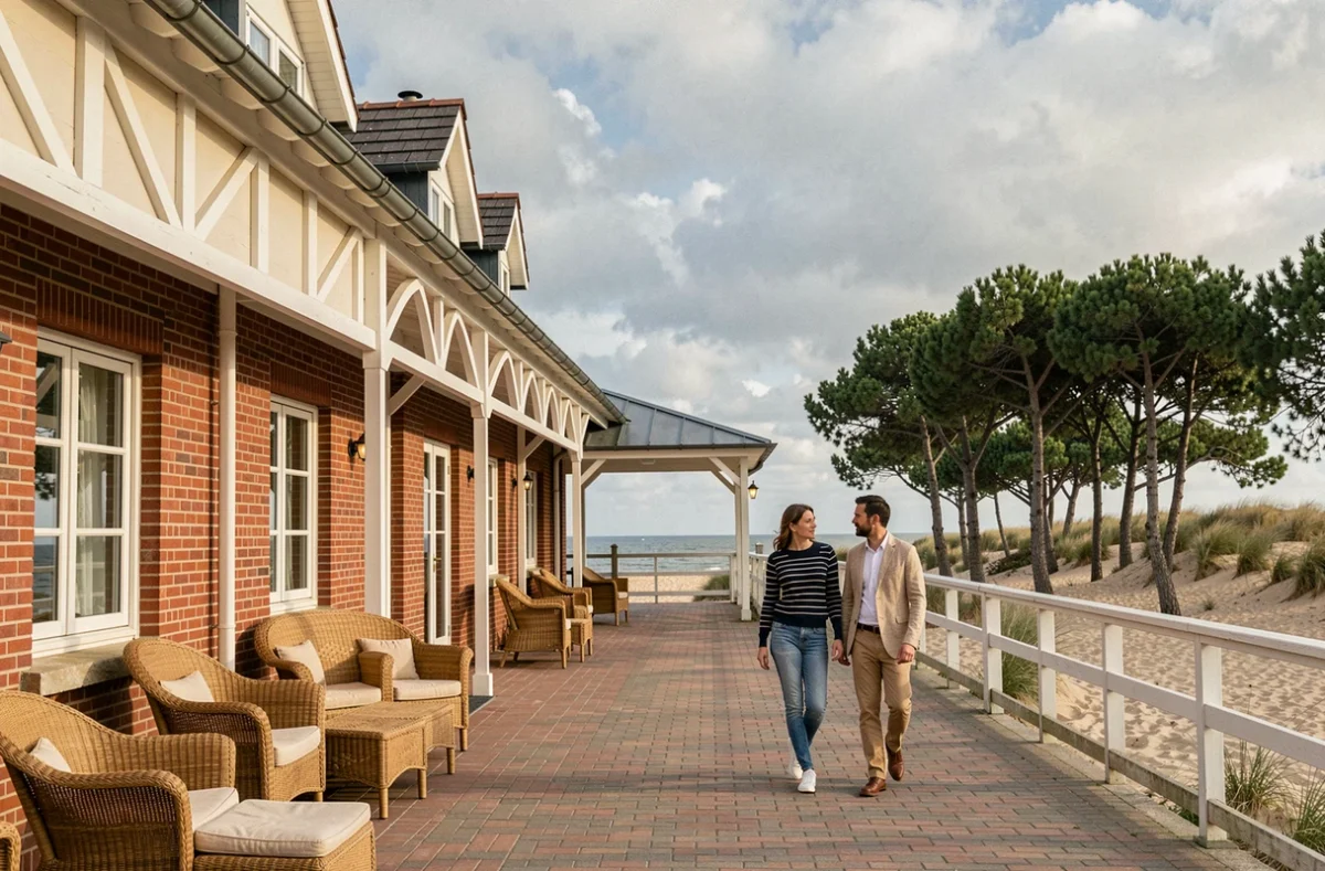Façade en brique rouge du Mercure Hôtel Le Touquet avec terrasse côtière et couple se promenant
