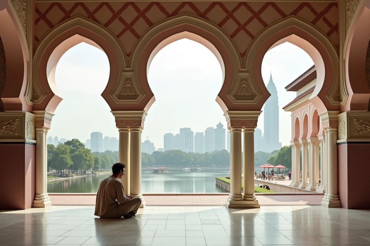 Cour intérieure de la mosquée Masjid Jamek à Kuala Lumpur avec colonnades mauresques et voyageur en contemplation