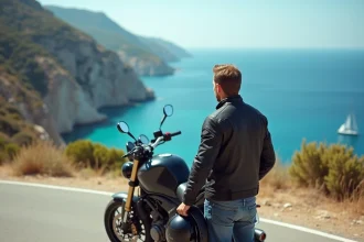 Motard regardant la mer en Corse avec sa moto