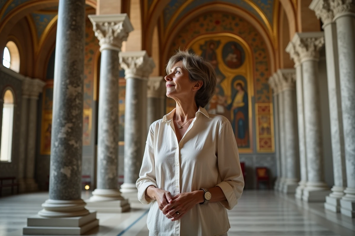 Femme admirant mosaïques byzantines dans la cathédrale Monreale