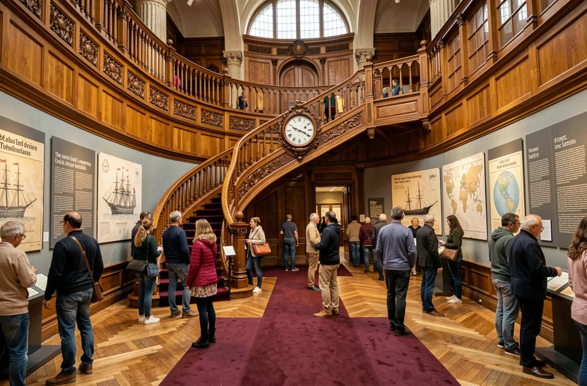 Salle d'exposition du musée Titanic à Lyon recréant le grand escalier de première classe avec visiteurs