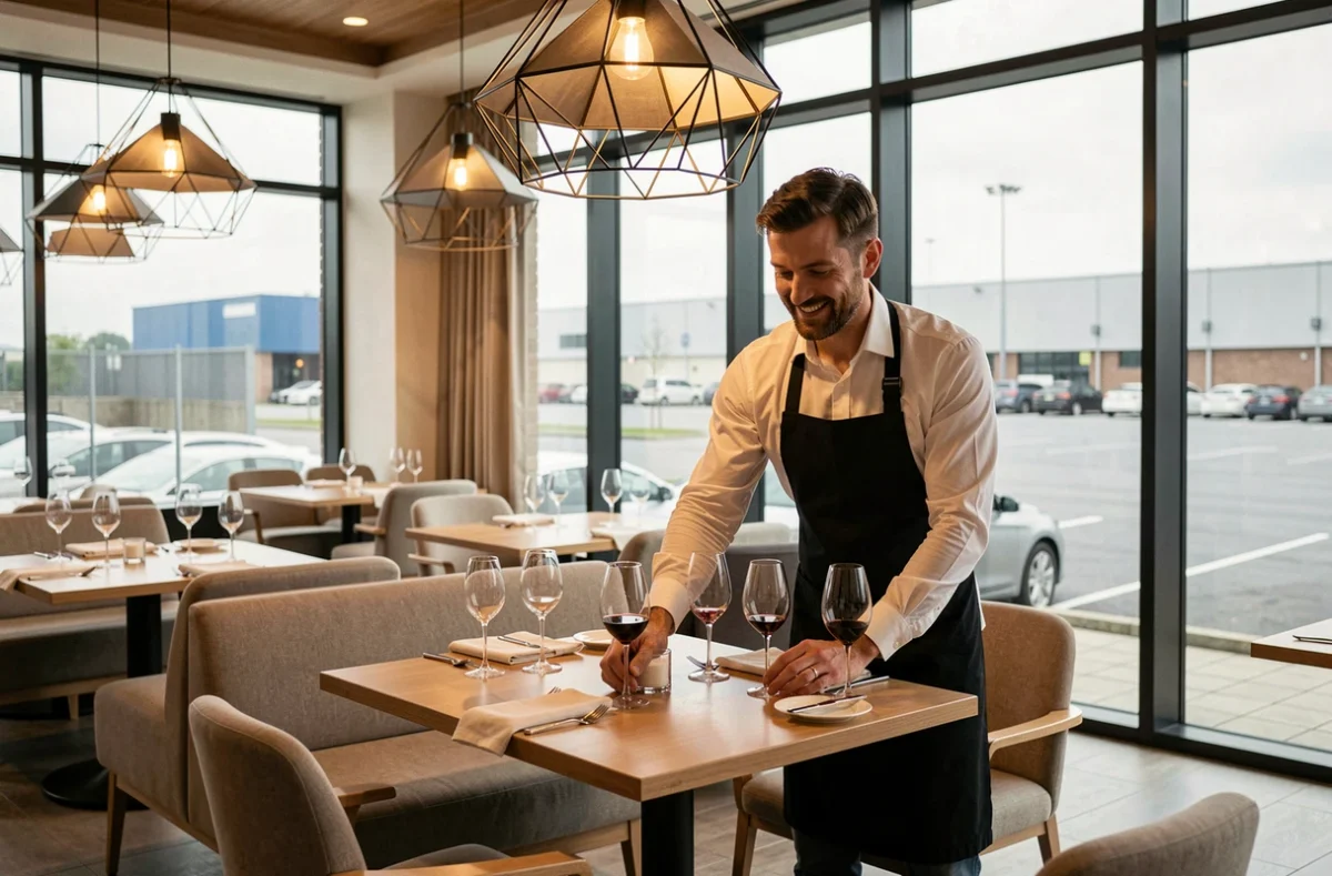 Restaurant contemporain du Novotel Lens Noyelles avec un membre du personnel dressant les tables