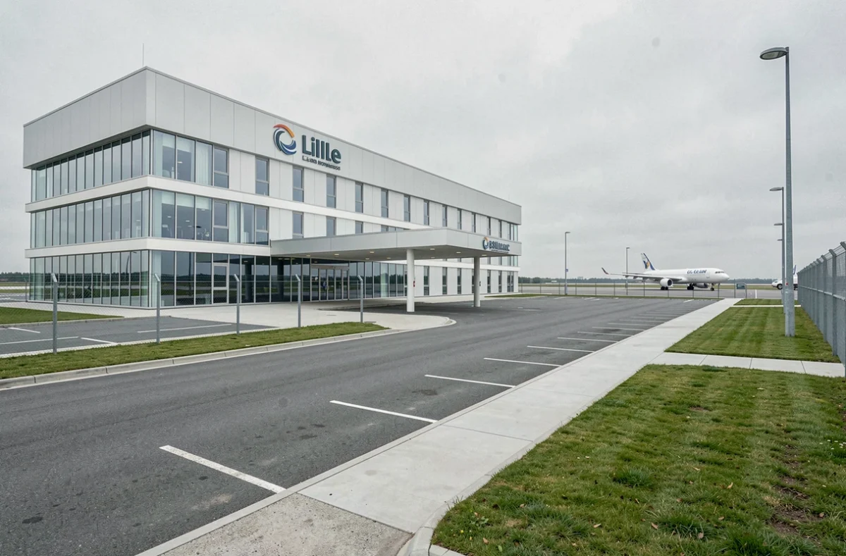 Façade extérieure du Novotel Lille Aéroport avec zone de dépose-minute et piste d'aéroport en arrière-plan