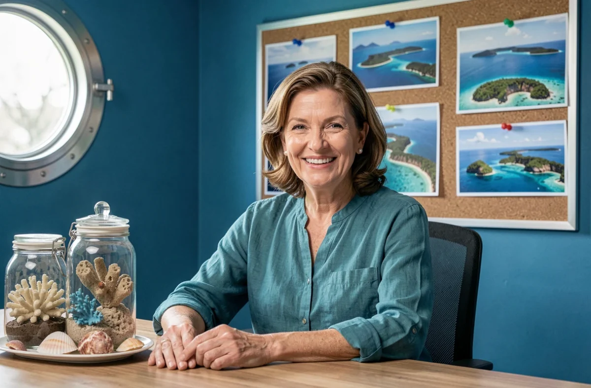 Conseillère d'Océans Évasion souriante à son bureau décoré de coquillages et de photographies de paysages marins exotiques