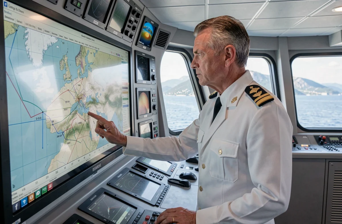 Officier de bord consultant les prévisions météo sur le pont de navigation d'un paquebot