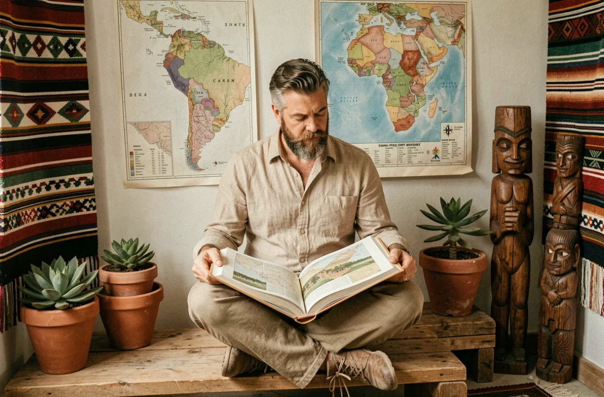 Conseiller de Pachamama Voyages assis avec un atlas ouvert dans un studio de voyage décoré de textiles andins et d'objets artisanaux sud-américains