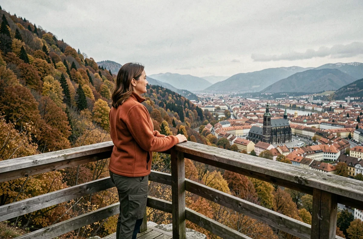 Vue panoramique de Brașov depuis le sommet du mont Tâmpa avec forêt d'automne et toits de la vieille ville