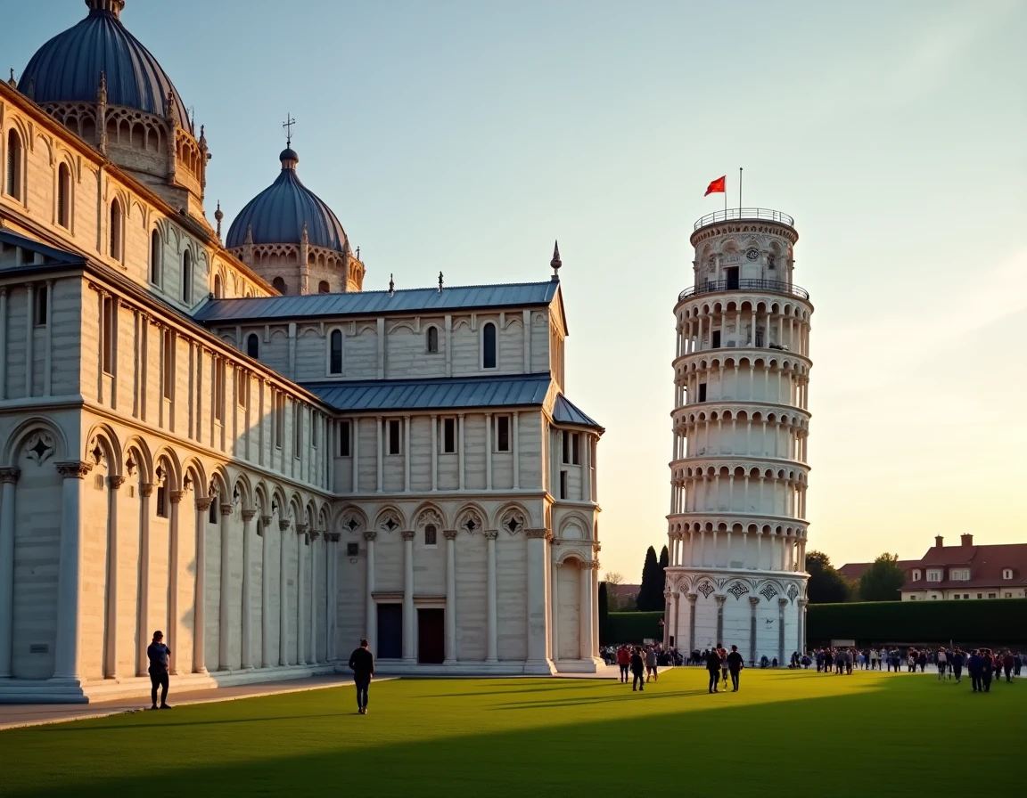 Vue panoramique de la Tour de Pise avec la cathédrale et le baptistère sur la Piazza dei Miracoli au coucher du soleil