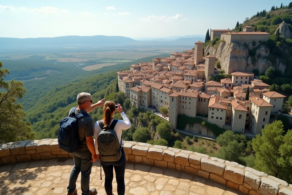 Couple admirant un panorama sur un village médiéval perché du Vaucluse avec toits en tuiles rouges et paysage provençal