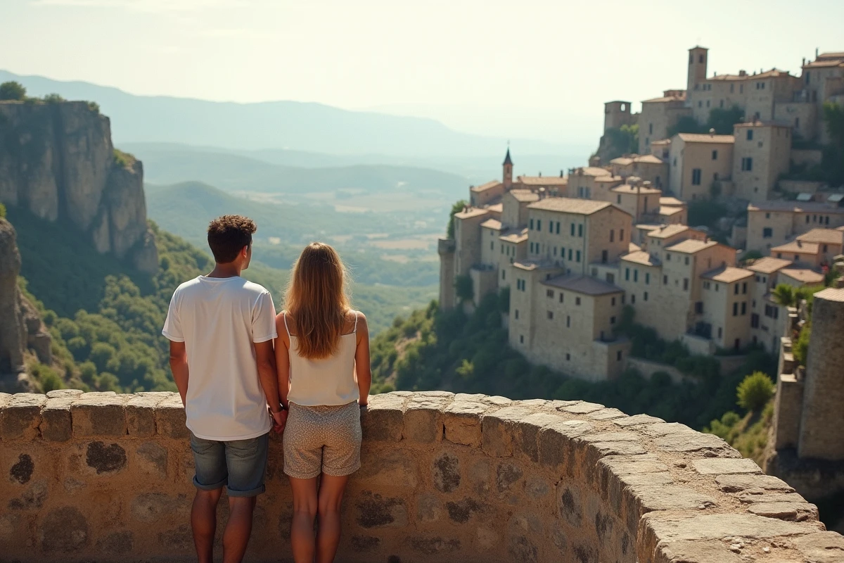Panorama sur le village perché de Gordes depuis le belvédère avec la vallée du Luberon en arrière-plan